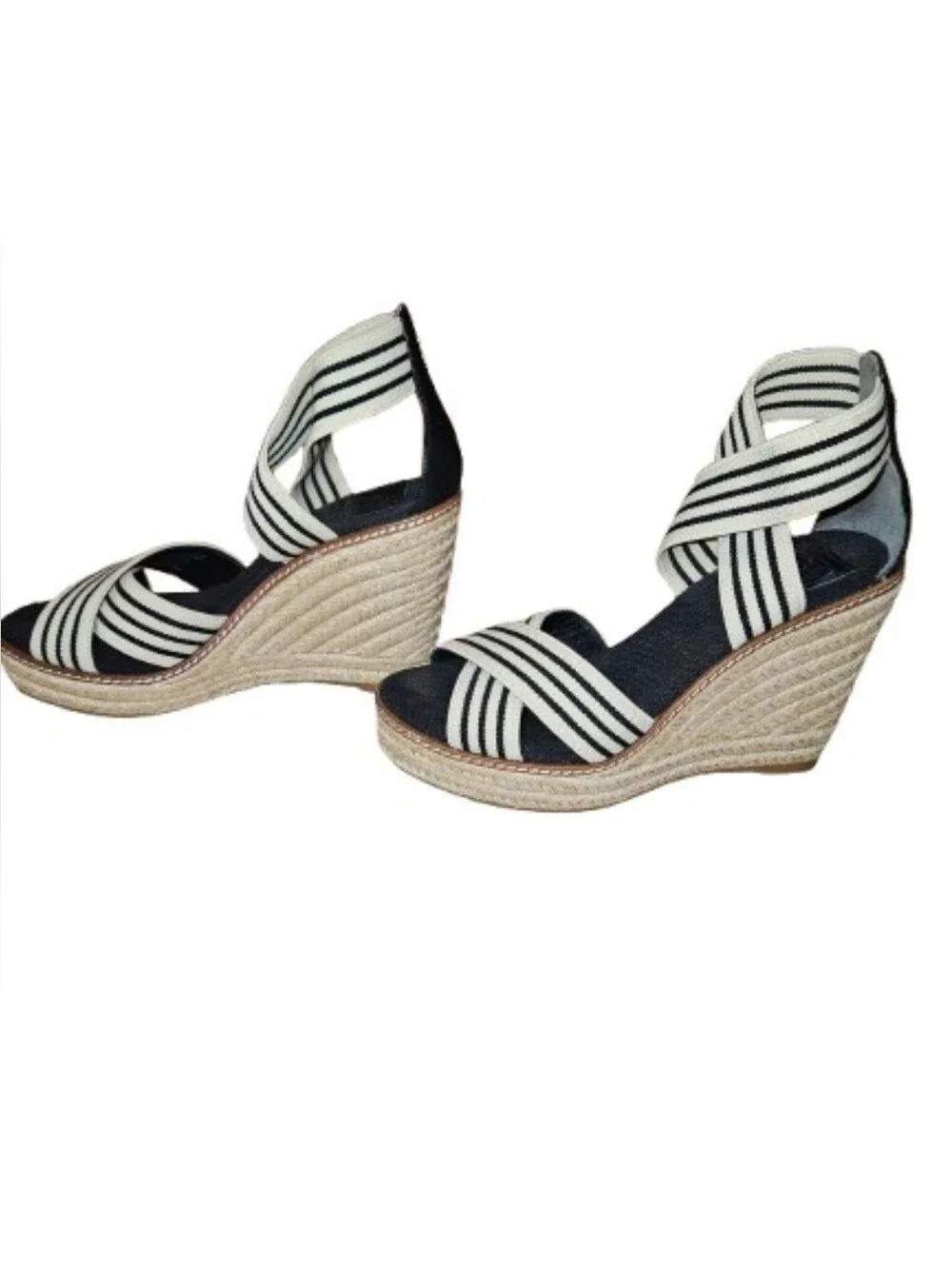 Tory Burch Frieda Espadrille Wedge Sandals Black White Striped Women's Size 7.5